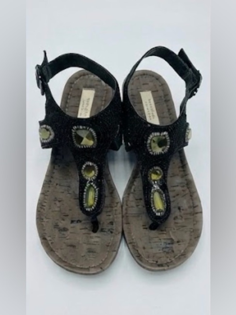 Simply Vera Vera Wang Black T-strap Sandals with Yellow-Green Gem Accents
